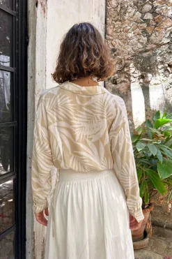 New Kiana Beige Palm Print Wrap Top Long Sleeves|Vacation Tops
