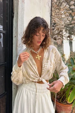 New Kiana Beige Palm Print Wrap Top Long Sleeves|Vacation Tops