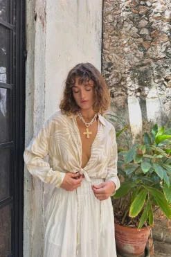 New Kiana Beige Palm Print Wrap Top Long Sleeves|Vacation Tops