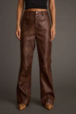Sale Kingsley Washed Brown Vegan Leather Straight Leg Pants Pants