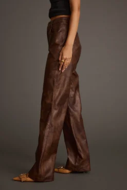 Sale Kingsley Washed Brown Vegan Leather Straight Leg Pants Pants