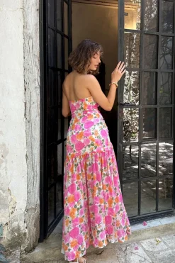 Sale LaBelle Strapless Drop Waist Pink Floral Maxi Dress Day Dresses|Vacation Dresses