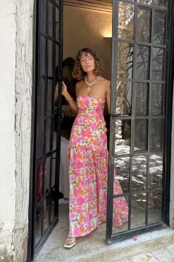 Sale LaBelle Strapless Drop Waist Pink Floral Maxi Dress Day Dresses|Vacation Dresses