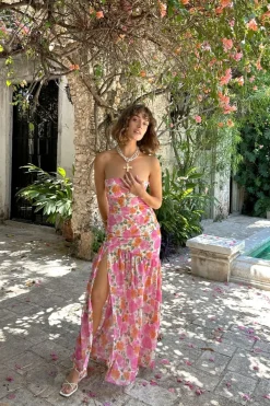 Sale LaBelle Strapless Drop Waist Pink Floral Maxi Dress Day Dresses|Vacation Dresses