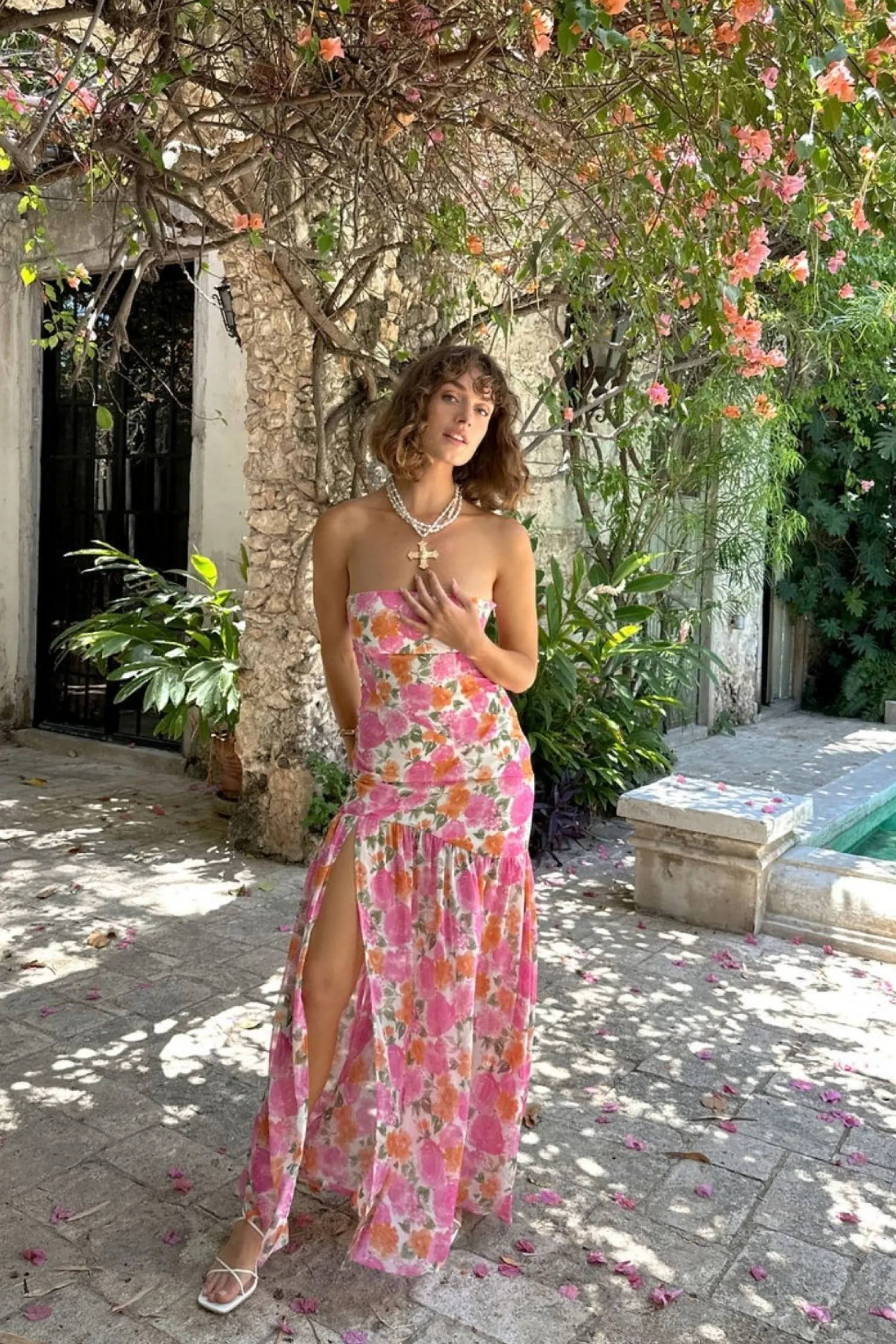 Sale LaBelle Strapless Drop Waist Pink Floral Maxi Dress Day Dresses|Vacation Dresses