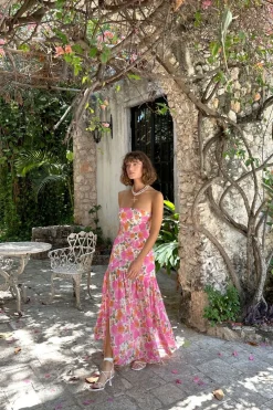 Sale LaBelle Strapless Drop Waist Pink Floral Maxi Dress Day Dresses|Vacation Dresses