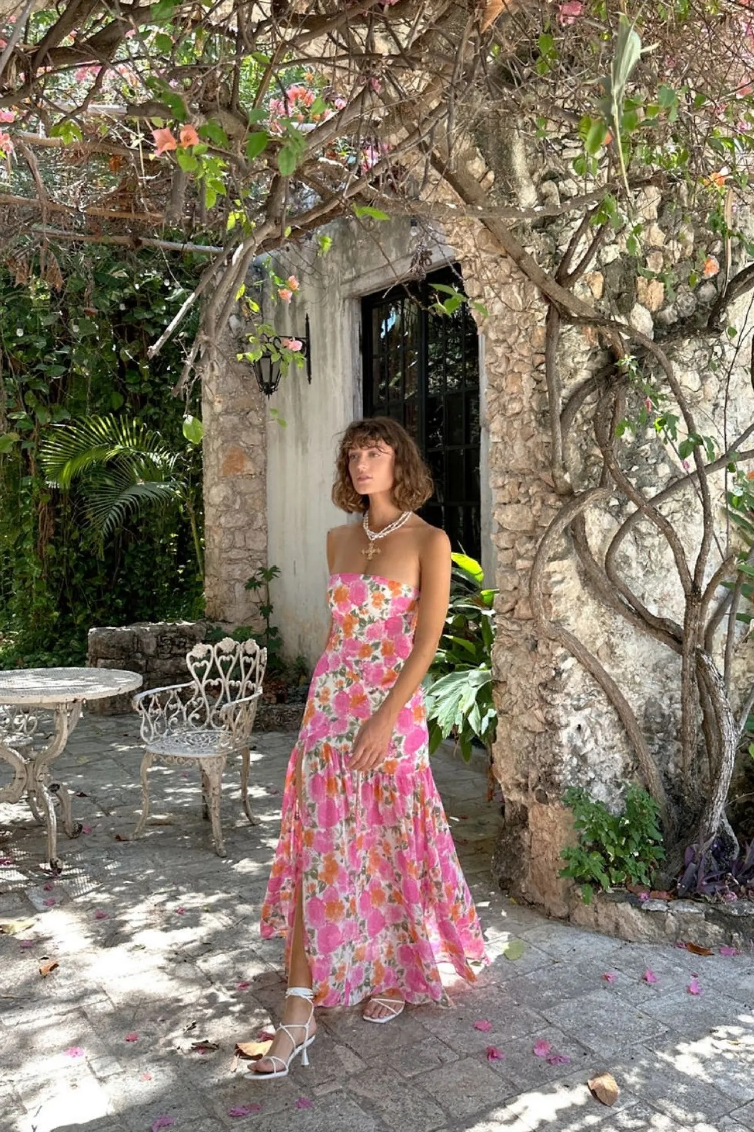 Sale LaBelle Strapless Drop Waist Pink Floral Maxi Dress Day Dresses|Vacation Dresses