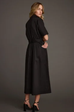 Clearance Leena Black Button Front Belted Midi Dress Midi Dresses