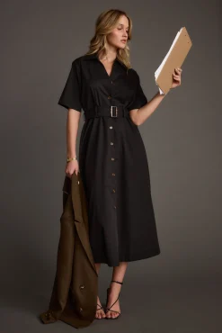 Clearance Leena Black Button Front Belted Midi Dress Midi Dresses