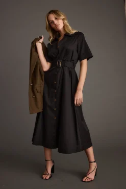 Clearance Leena Black Button Front Belted Midi Dress Midi Dresses
