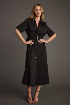 Clearance Leena Black Button Front Belted Midi Dress Midi Dresses