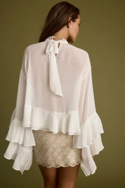 Discount Lola White Chiffon Ruffle Top Bridal Tops|Long Sleeves