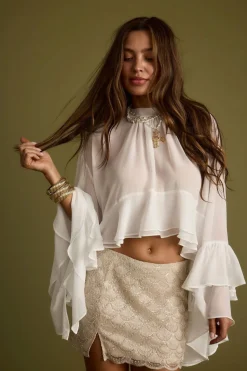 Discount Lola White Chiffon Ruffle Top Bridal Tops|Long Sleeves