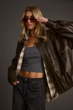 Online London Calling Brown Oversized Faux Leather Jacket Outerwear|Jackets