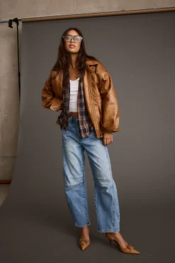Best London Calling Cognac Oversized Faux Leather Jacket Outerwear|Jackets