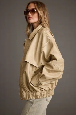 Outlet London Calling Light Taupe Oversized Faux Leather Jacket Outerwear|Jackets