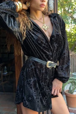 Fashion Loretta Black Velvet Burnout Mini Dress Date Night Dresses|Party Dresses