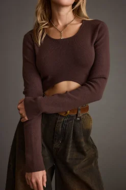 Clearance Malorie Brown Cropped Ribbed Sweater Date Night Tops|Long Sleeves