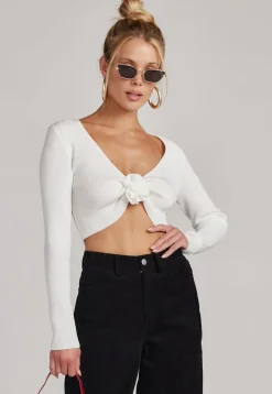 Sale Marie White Long Sleeve Rosette Top Going Out Tops|Sweaters + Cardis
