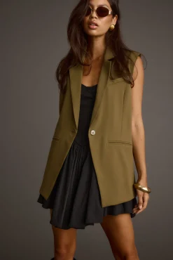 Fashion Marlowe Olive Sleeveless Blazer Tees + Tanks|Vacation Tops