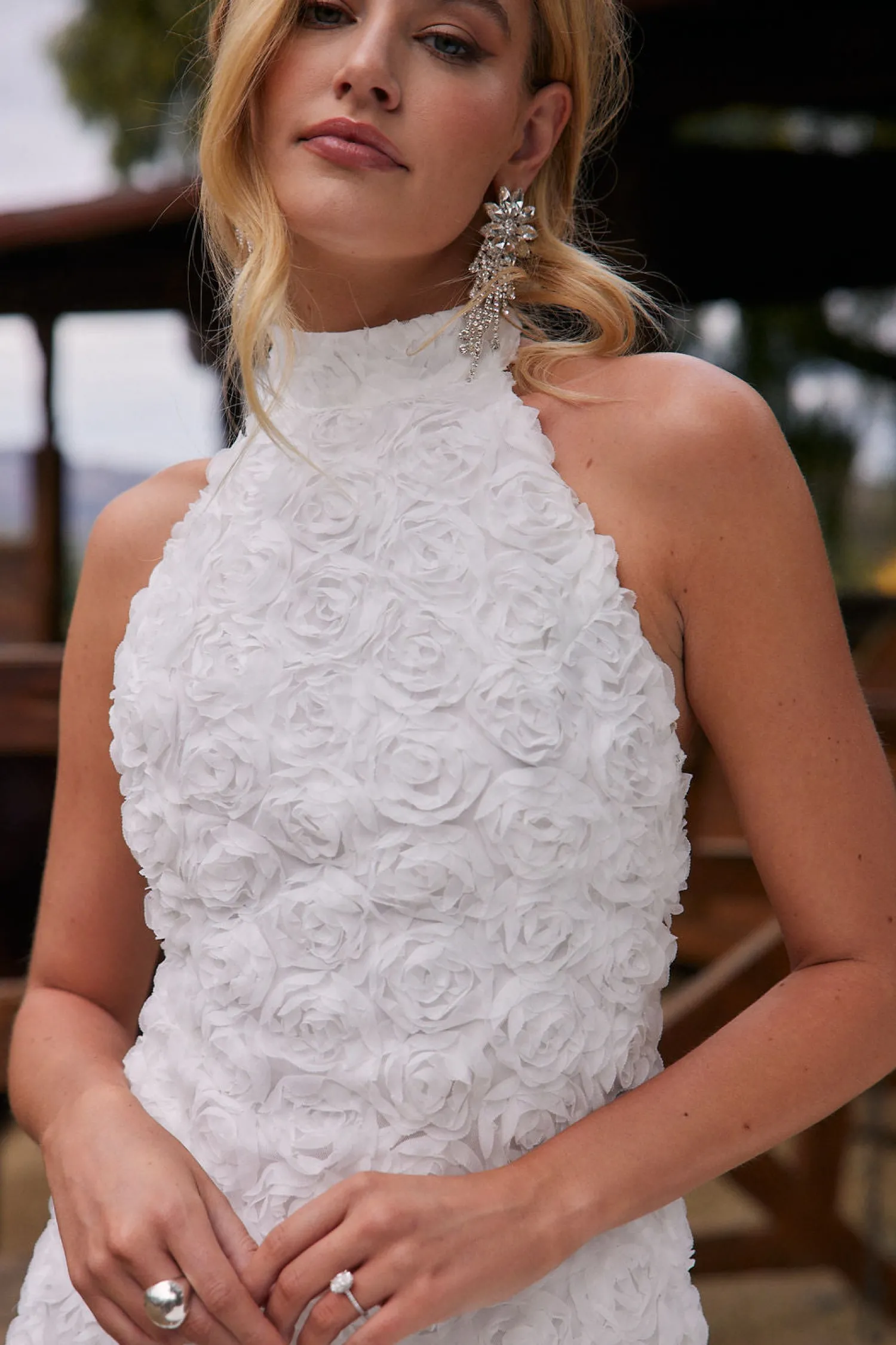 Fashion Maya White Floral Applique Halter Mini Dress Engagement Party|Bridal Dresses