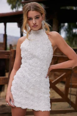 Fashion Maya White Floral Applique Halter Mini Dress Engagement Party|Bridal Dresses