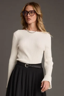 New Melinda White Ribbed Knit Bell Sleeve Top Workwear Tops|Sweaters + Cardis