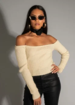 Sale Miley Beige Off The Shoulder Sweater Sweaters + Cardis