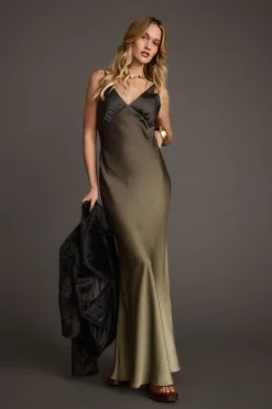 Online Mirabella Olive Satin Ombre Maxi Dress Date Night Dresses|Vacation Dresses