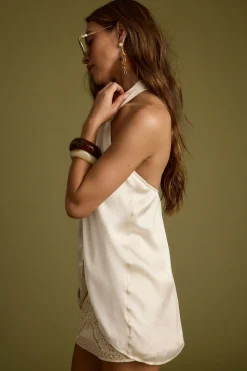 Hot Moonlit Kiss Cream Satin Halter Top Date Night Tops|Bridal Tops