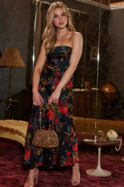 Discount Natalia Black Floral Strapless Maxi Dress Party Dresses|Wedding Guest Dresses
