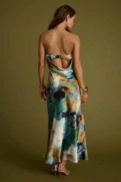 Outlet Natalia Blue and Gold Watercolor Strapless Maxi Dress Date Night Dresses|Party Dresses