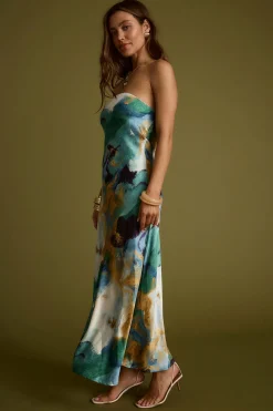 Outlet Natalia Blue and Gold Watercolor Strapless Maxi Dress Date Night Dresses|Party Dresses