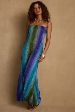 Best Natalia Blue Striped Strapless Plisse Maxi Dress Seashells + Wedding Bells|Party Dresses