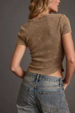 Clearance Nevada Washed Brown V-Neck Ribbed Cropped Top Date Night Tops|Tees + Tanks
