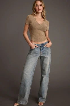 Clearance Nevada Washed Brown V-Neck Ribbed Cropped Top Date Night Tops|Tees + Tanks