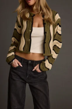 New Nikki Retro Print Olive Cardigan Sweaters + Cardis|Long Sleeves