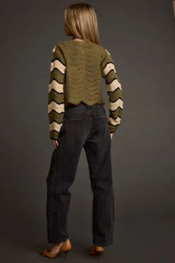 New Nikki Retro Print Olive Cardigan Sweaters + Cardis|Long Sleeves
