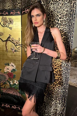 Sale Noir Black Satin Longline Vest Tees + Tanks