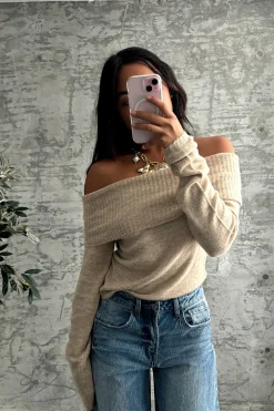 Fashion Nora Beige Off the Shoulder Sweater Sweaters + Cardis|Long Sleeves