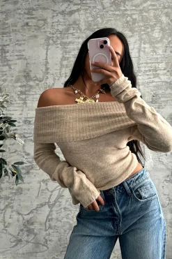 Fashion Nora Beige Off the Shoulder Sweater Sweaters + Cardis|Long Sleeves