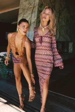 Sale Palermo Pink Crochet Plunge Maxi Dress Seashells + Wedding Bells|Swimwear