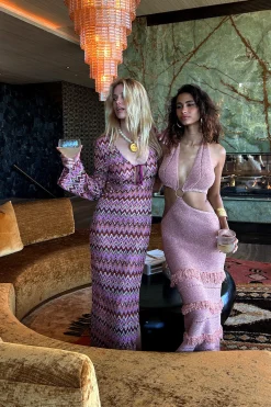 Sale Palermo Pink Crochet Plunge Maxi Dress Seashells + Wedding Bells|Swimwear