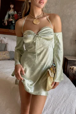Hot Pearlina Sage Printed Satin Mini Dress Party Dresses|Vacation Dresses