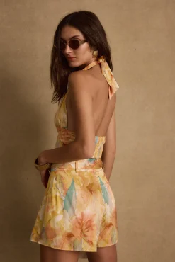Outlet Picasso Yellow Abstract Halter Crop Top Sets|Sets
