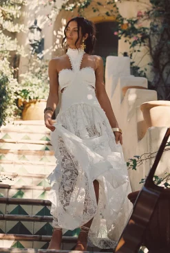 Fashion Princesa White Lace Drop Waist Maxi Dress The White Edit|Golden Hour Bachelorette