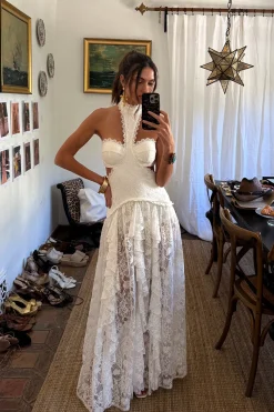 Fashion Princesa White Lace Drop Waist Maxi Dress The White Edit|Golden Hour Bachelorette