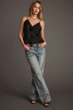 Sale Prosecco Black Rosette Frill Satin Cami Tank Date Night Tops|Going Out Tops
