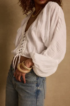 Outlet Rainey White Lace Up Top Long Sleeves|The White Edit