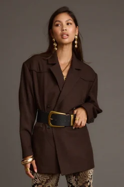 Best Rebel Brown Belted Double Breasted Blazer Jackets|Long Sleeves